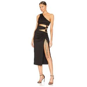 NBD Revolve Black One Shoulder Cutout Ruched Midi Dress High Slit Size Large